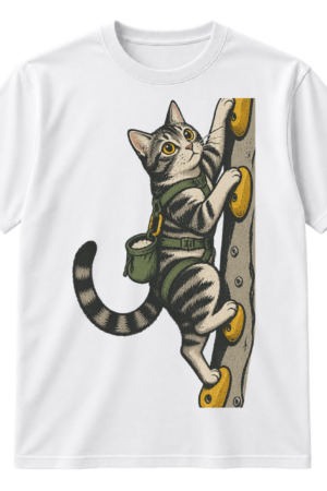 Vintage-style black cat in a climbing harness scaling a narrow bolted climbing wall with a chalk bag.