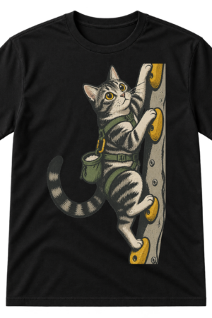 Vintage-style black cat in a climbing harness scaling a narrow bolted climbing wall with a chalk bag.