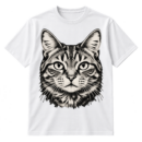 Distressed halftone illustration of a front-facing cat with alert eyes and long whiskers.