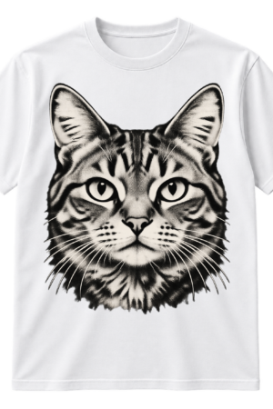 Distressed halftone illustration of a front-facing cat with alert eyes and long whiskers.