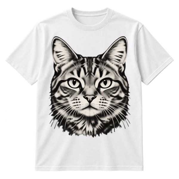 Distressed halftone illustration of a front-facing cat with alert eyes and long whiskers.
