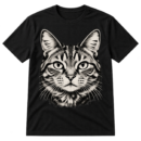 Distressed halftone illustration of a front-facing cat with alert eyes and long whiskers.
