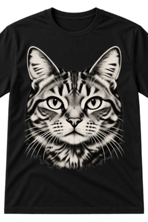 Distressed halftone illustration of a front-facing cat with alert eyes and long whiskers.