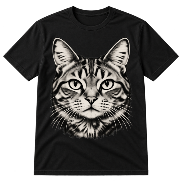 Distressed halftone illustration of a front-facing cat with alert eyes and long whiskers.