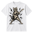 Vintage distressed illustration of a roaring cat playing an electric guitar with lightning bolts.