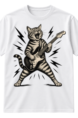 Vintage distressed illustration of a roaring cat playing an electric guitar with lightning bolts.