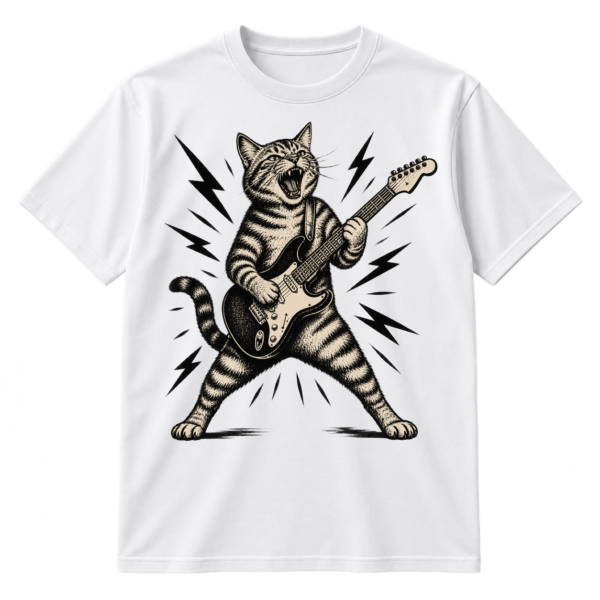 Vintage distressed illustration of a roaring cat playing an electric guitar with lightning bolts.