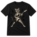 Vintage distressed illustration of a roaring cat playing an electric guitar with lightning bolts.