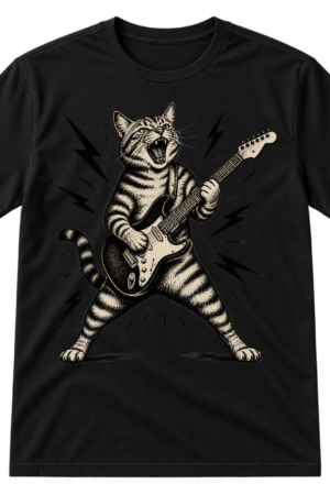 Vintage distressed illustration of a roaring cat playing an electric guitar with lightning bolts.