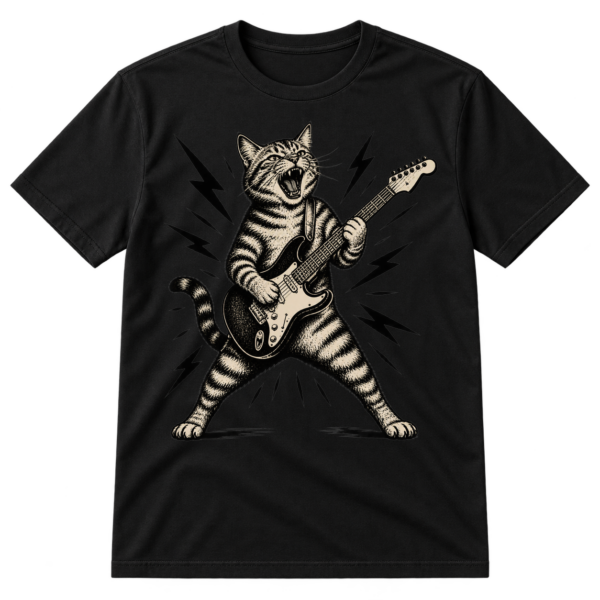 Vintage distressed illustration of a roaring cat playing an electric guitar with lightning bolts.