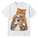 Photographic-style cutout of a stern cat holding a squinting, open-mouthed cat in a funny headlock-style cuddle.