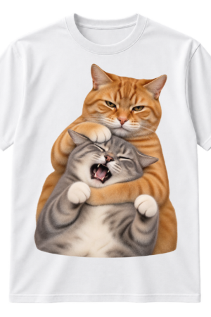 Photographic-style cutout of a stern cat holding a squinting, open-mouthed cat in a funny headlock-style cuddle.