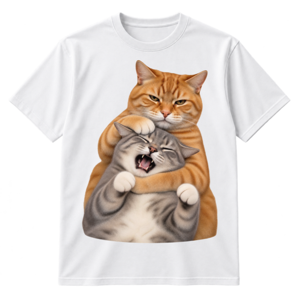 Photographic-style cutout of a stern cat holding a squinting, open-mouthed cat in a funny headlock-style cuddle.
