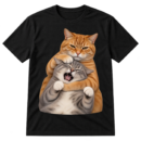 Photographic-style cutout of a stern cat holding a squinting, open-mouthed cat in a funny headlock-style cuddle.