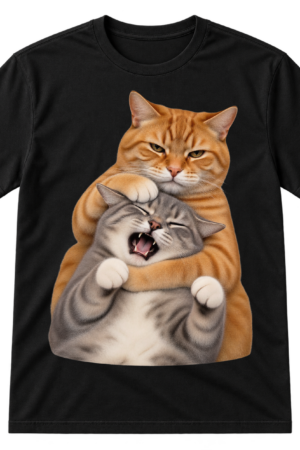 Photographic-style cutout of a stern cat holding a squinting, open-mouthed cat in a funny headlock-style cuddle.