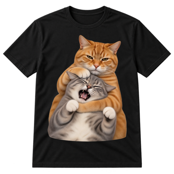 Photographic-style cutout of a stern cat holding a squinting, open-mouthed cat in a funny headlock-style cuddle.