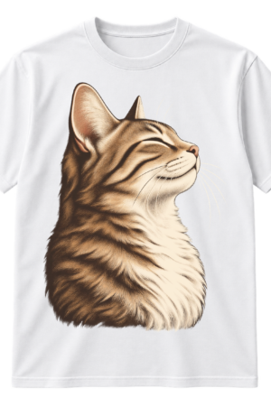 Minimalist side-profile cat with closed eyes, feathered highlights, and negative-space contours.
