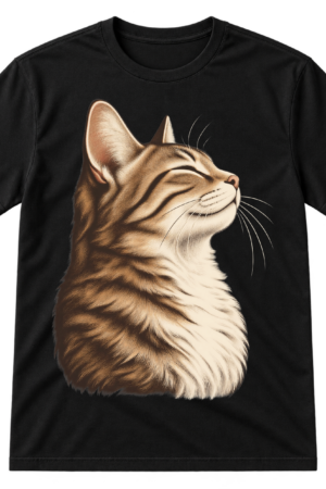 Minimalist side-profile cat with closed eyes, feathered highlights, and negative-space contours.