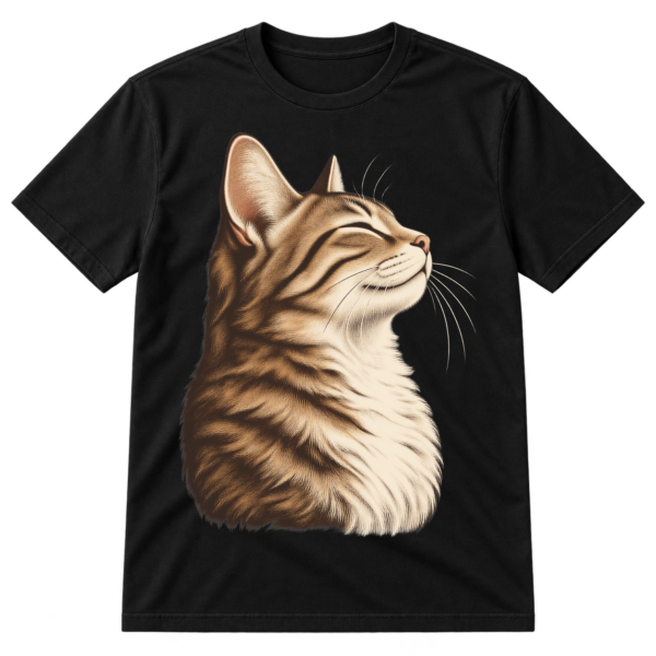 Minimalist side-profile cat with closed eyes, feathered highlights, and negative-space contours.