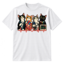 Four wide-eyed cartoon cats with cardiology equipment, ECG waveforms, an anatomical heart, and a heart monitor.
