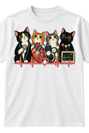 Four wide-eyed cartoon cats with cardiology equipment, ECG waveforms, an anatomical heart, and a heart monitor.