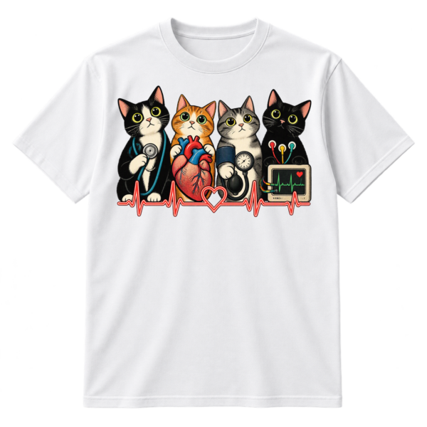 Four wide-eyed cartoon cats with cardiology equipment, ECG waveforms, an anatomical heart, and a heart monitor.