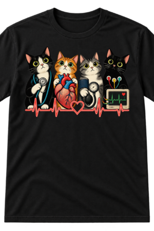 Four wide-eyed cartoon cats with cardiology equipment, ECG waveforms, an anatomical heart, and a heart monitor.