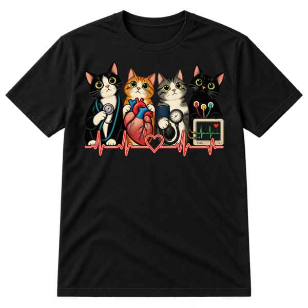 Four wide-eyed cartoon cats with cardiology equipment, ECG waveforms, an anatomical heart, and a heart monitor.