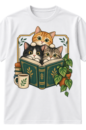 Vintage illustration of three wide-eyed cats gathered behind an open book with a coffee mug and potted plant.