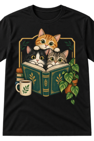 Vintage illustration of three wide-eyed cats gathered behind an open book with a coffee mug and potted plant.