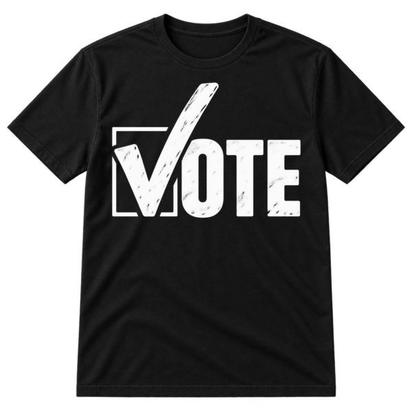 Bold VOTE lettering with an oversized checkmark-shaped V overlapping a partially open square checkbox outline.