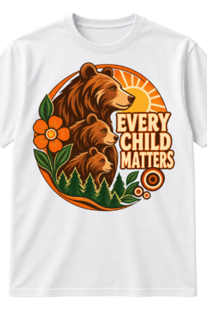 Vintage circular bear family and woodland illustration with the stacked words Every Child Matters.