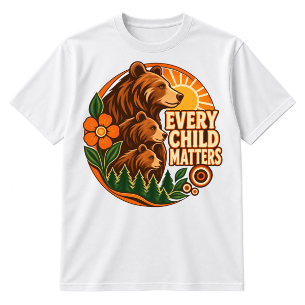 Vintage circular bear family and woodland illustration with the stacked words Every Child Matters.