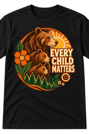 Vintage circular bear family and woodland illustration with the stacked words Every Child Matters.