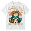 Vintage graphic with the text I LIKE CATS AND COFFEE, a scarf-wearing cat holding a Coffee mug over retro stripes, and the text AND MAYBE 3 PEOPLE.