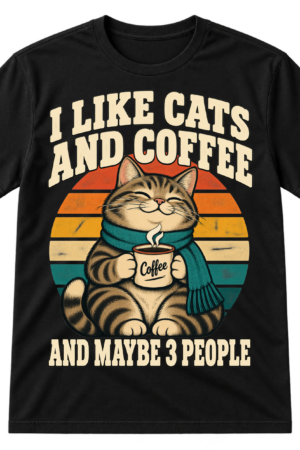 Vintage graphic with the text I LIKE CATS AND COFFEE, a scarf-wearing cat holding a Coffee mug over retro stripes, and the text AND MAYBE 3 PEOPLE.