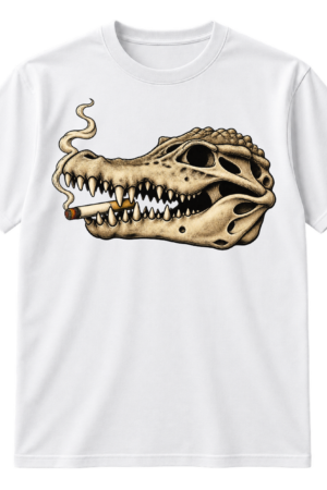 Vintage black ink illustration of a crocodile skull smoking a cigarette.