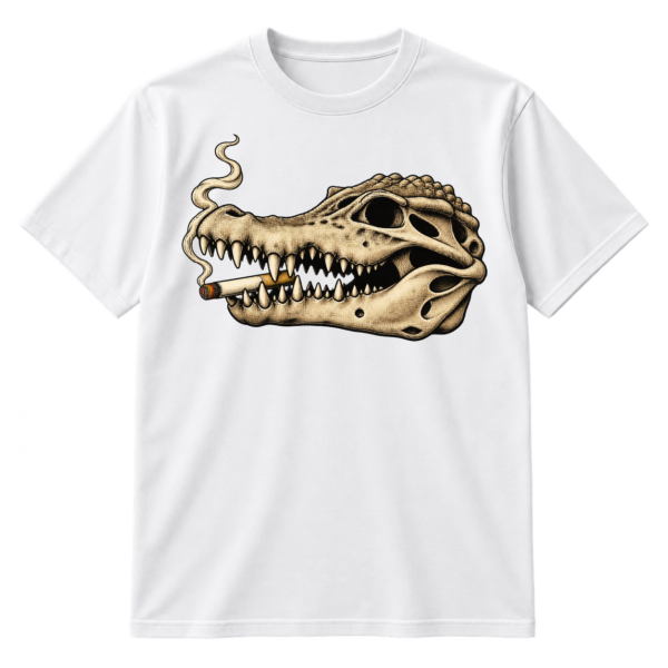 Vintage black ink illustration of a crocodile skull smoking a cigarette.