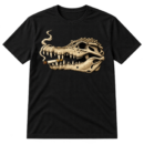 Vintage black ink illustration of a crocodile skull smoking a cigarette.