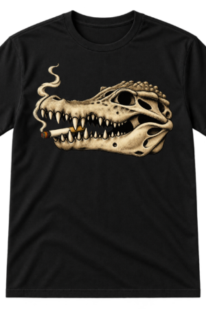 Vintage black ink illustration of a crocodile skull smoking a cigarette.