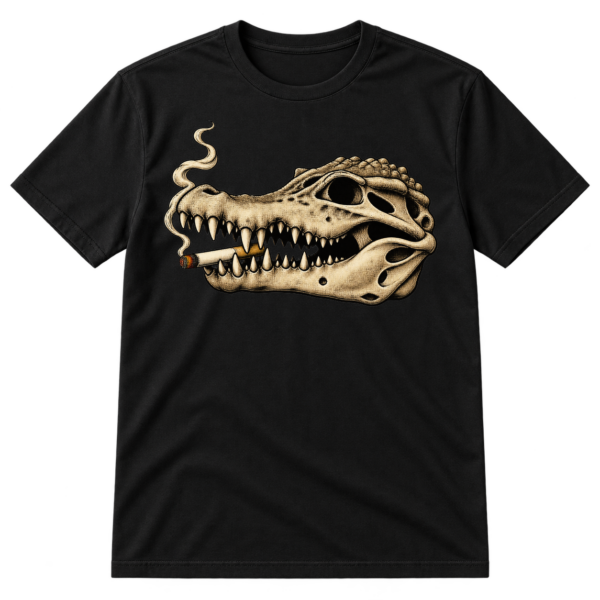 Vintage black ink illustration of a crocodile skull smoking a cigarette.