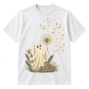 Vintage illustration of a friendly ghost with a dandelion, floating mini ghosts, seeds, and stars.