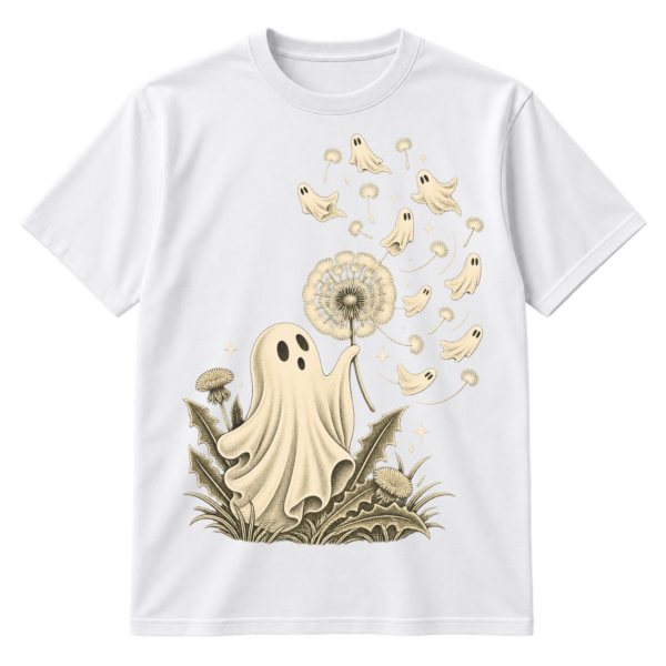 Vintage illustration of a friendly ghost with a dandelion, floating mini ghosts, seeds, and stars.
