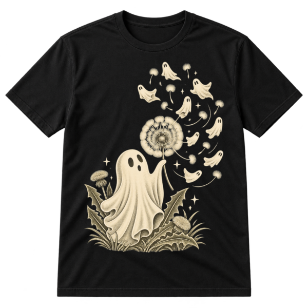 Vintage illustration of a friendly ghost with a dandelion, floating mini ghosts, seeds, and stars.