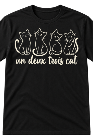 Four minimalist line-drawn cats above the handwritten phrase “un deux trois cat.”