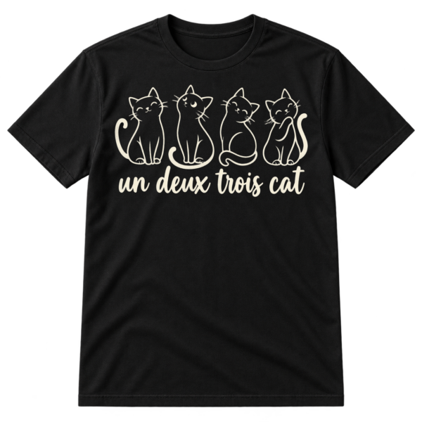 Four minimalist line-drawn cats above the handwritten phrase “un deux trois cat.”