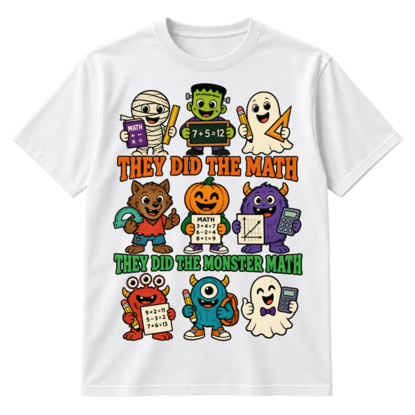 Vintage cartoon Halloween design with cute school monsters, math supplies, equations, and the words “They Did the Math” and “They Did the Monster Math.”