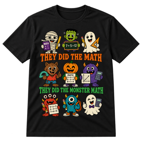 Vintage cartoon Halloween design with cute school monsters, math supplies, equations, and the words “They Did the Math” and “They Did the Monster Math.”