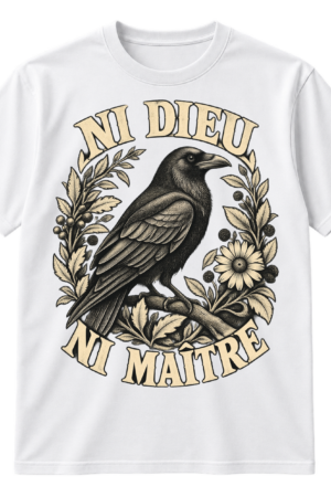 Vintage raven and botanical graphic with the French text NI DIEU above and NI MAÎTRE below.