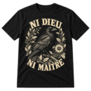 Vintage raven and botanical graphic with the French text NI DIEU above and NI MAÎTRE below.